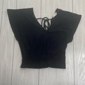 Altar’d State Women's Black Ribbed V Neckline Smocked Crop Top Size XS X-Small